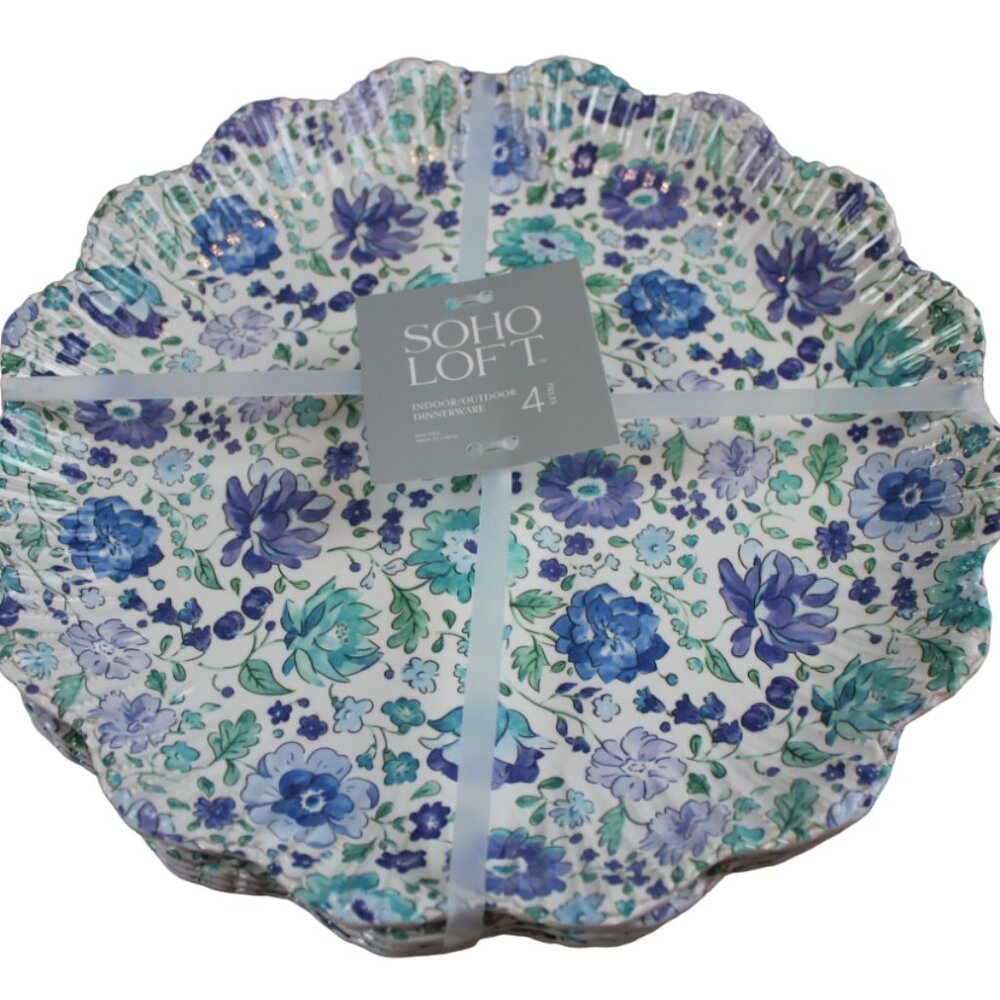Soho Loft Blue Flower Floral Scalloped Melamine 11" Dinner Plate Set of 4 NWT